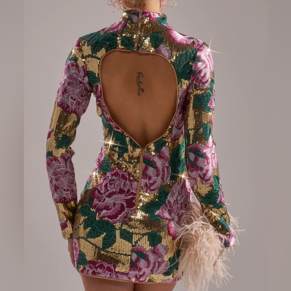 AKIRA Floral Baby Pink and Gold Sequin Dress - Picture 3 of 4